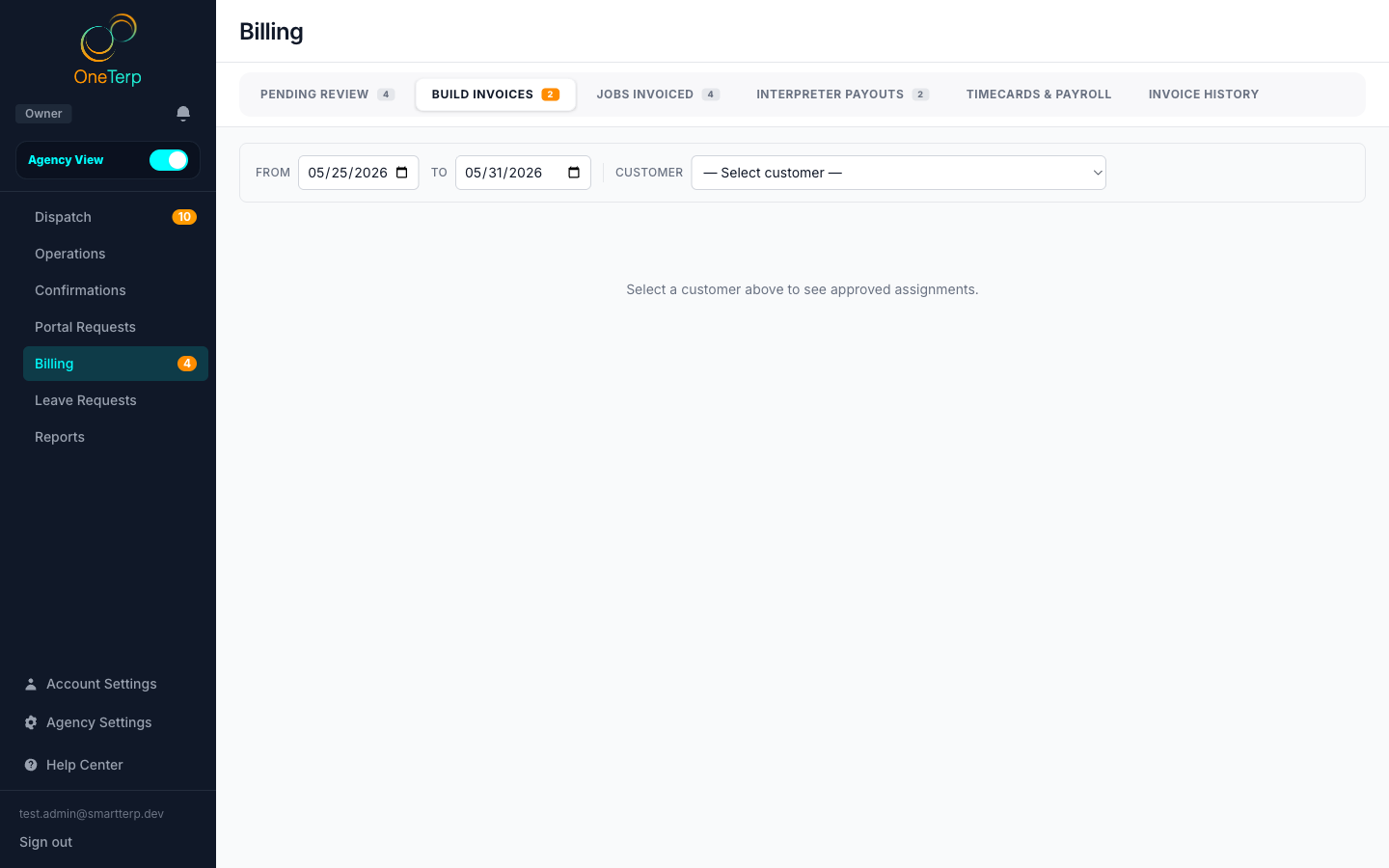 The Billing page Build Invoices tab.