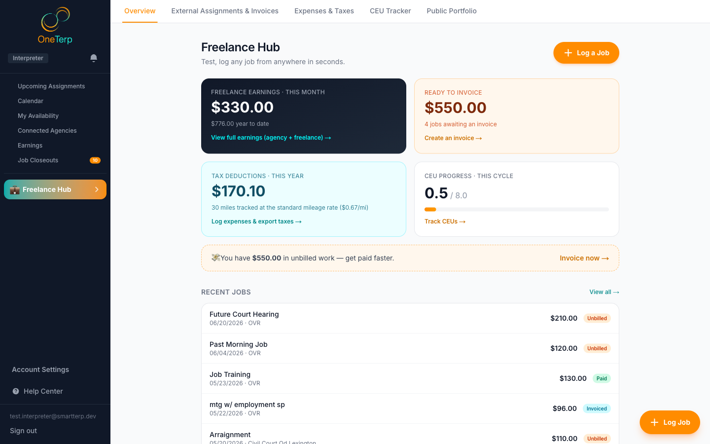 The interpreter Freelance HQ Overview tab with earnings and deduction cards.