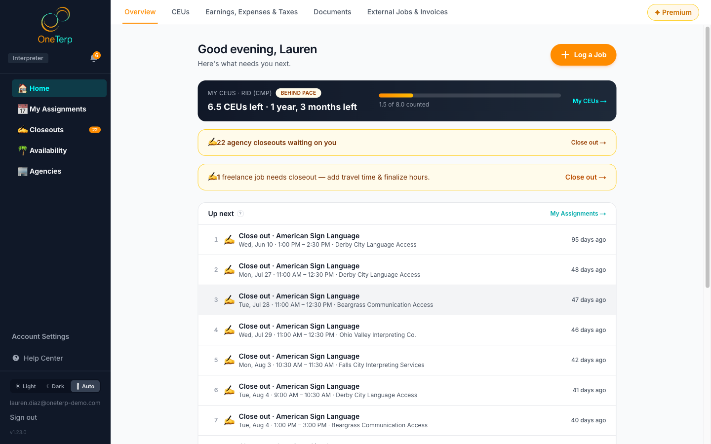 The interpreter Home page Overview tab with a CEU countdown card, closeout reminders and the Up next list.
