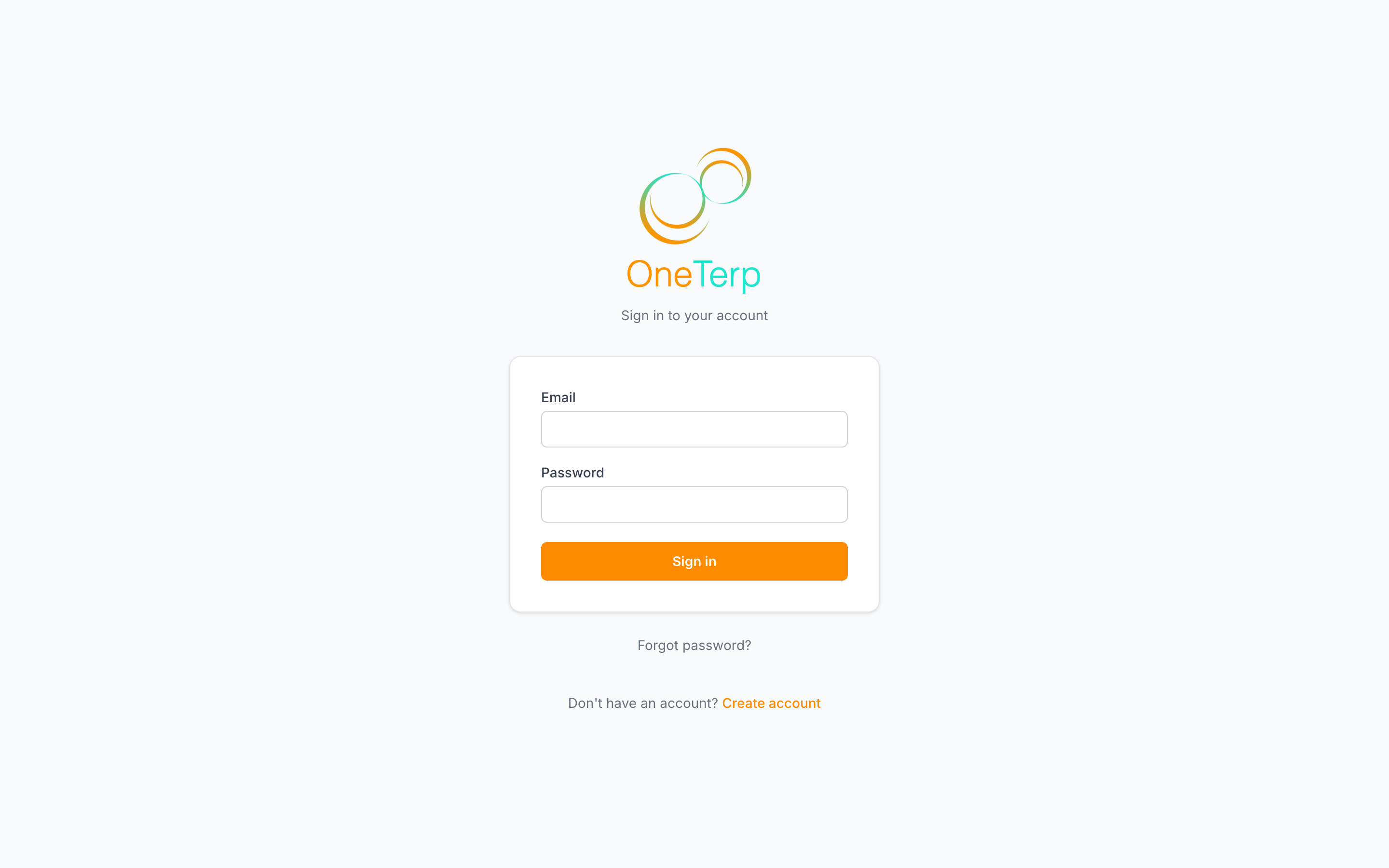 OneTerp login form with email and password fields and a Forgot password link.