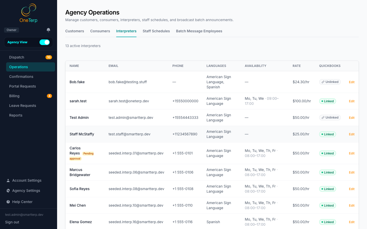 The agency Operations Interpreters tab listing connected interpreters.