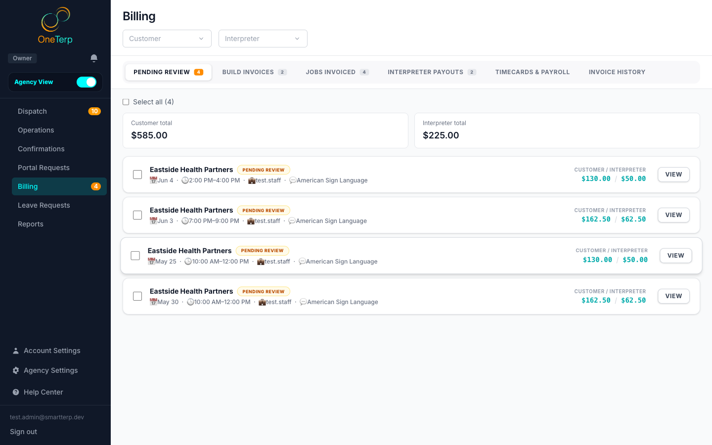 The Billing page Pending Review tab listing completed assignments with customer and interpreter totals.