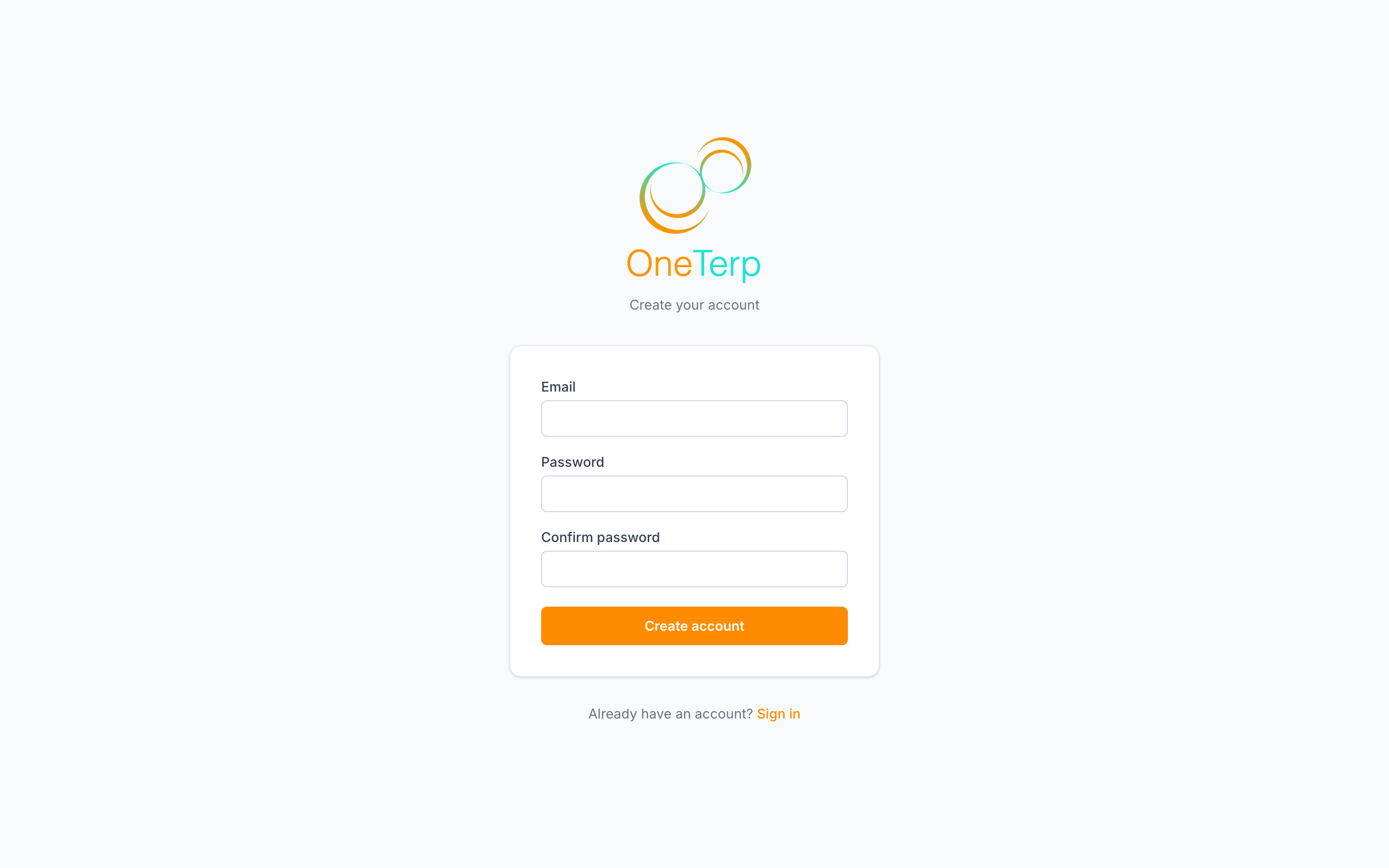 OneTerp sign-up form with email, password, and confirm-password fields.