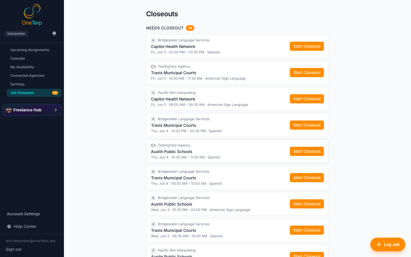 The interpreter Job Closeouts page listing jobs that need a closeout.