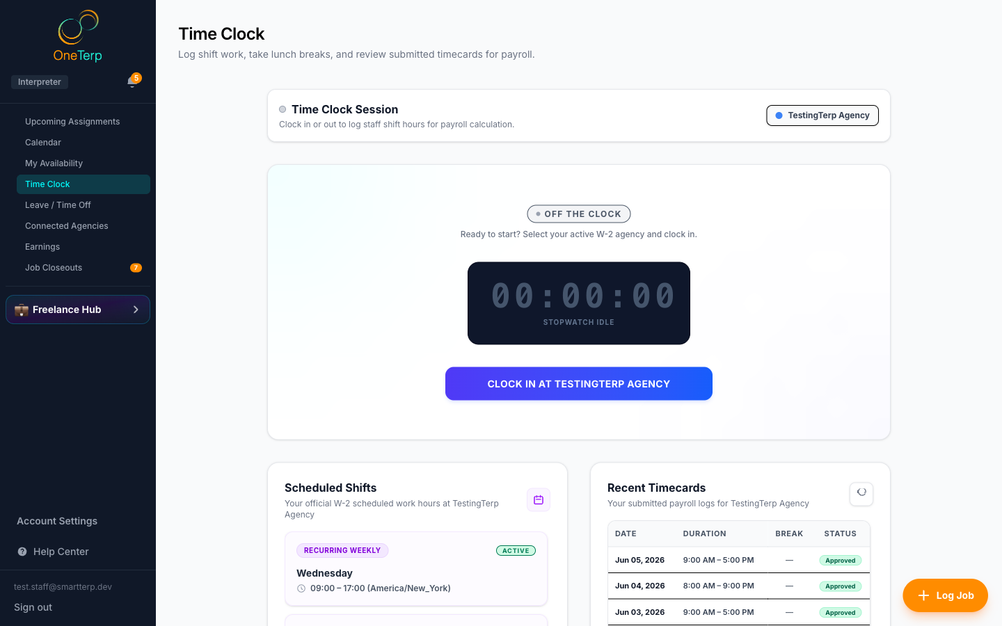 The interpreter Time Clock page with a stopwatch and clock-in button.