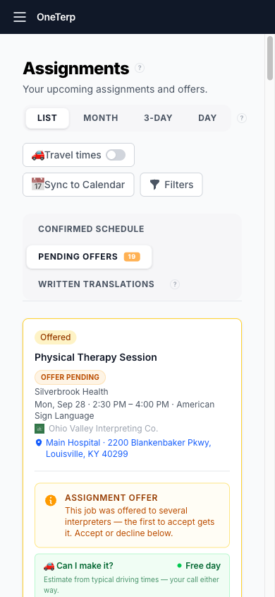 An interpreter's schedule on a phone