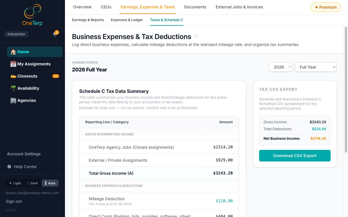 Tax summary and export in OneTerp